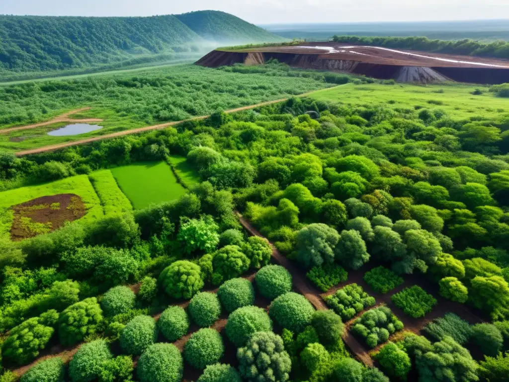 Un paisaje exuberante muestra una antigua mina al fondo, con plantas vibrantes utilizadas en técnicas de fitoextracción en sitios mineros