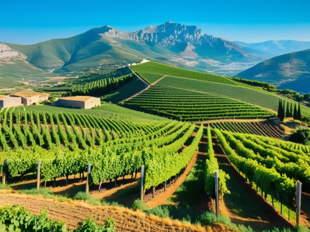 Un paisaje idílico de viñedos verdes en las colinas de Grecia, donde trabajadores atienden las vides