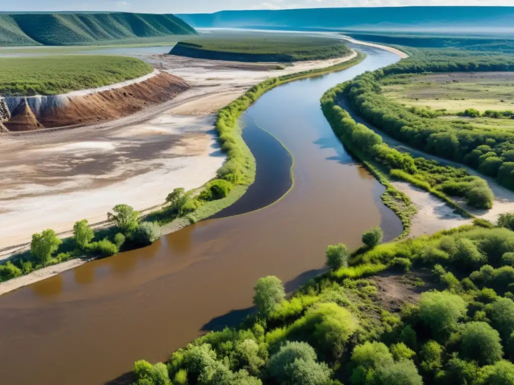 Un paisaje impactado por la contaminación minera muestra un río turbio y vegetación marchita