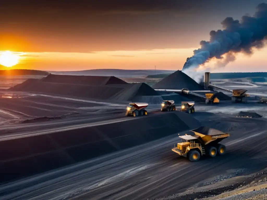 Un paisaje industrial desolador con maquinaria gigante en una mina de carbón