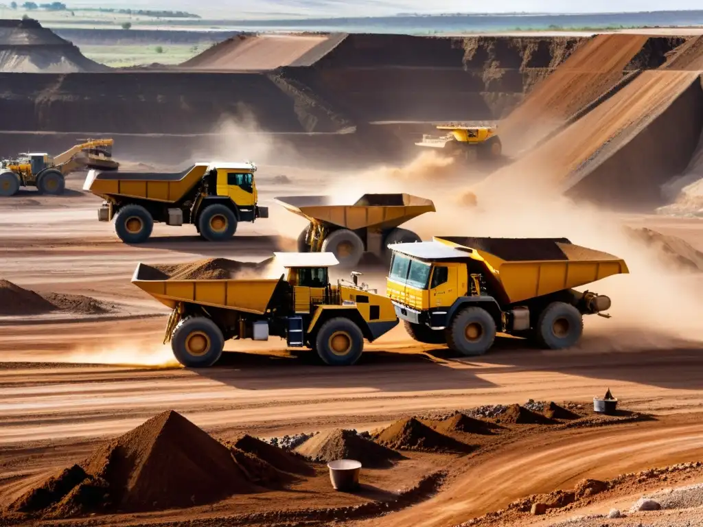 Un paisaje industrial con maquinaria pesada y trabajadores en una mina, mostrando el impacto de nuevas regulaciones en el mercado de minerales