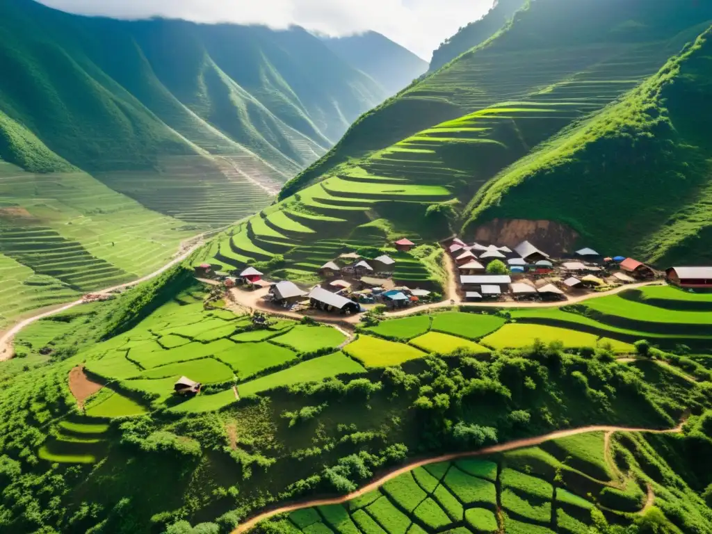 Un paisaje montañoso exuberante con un pueblo remoto entre picos