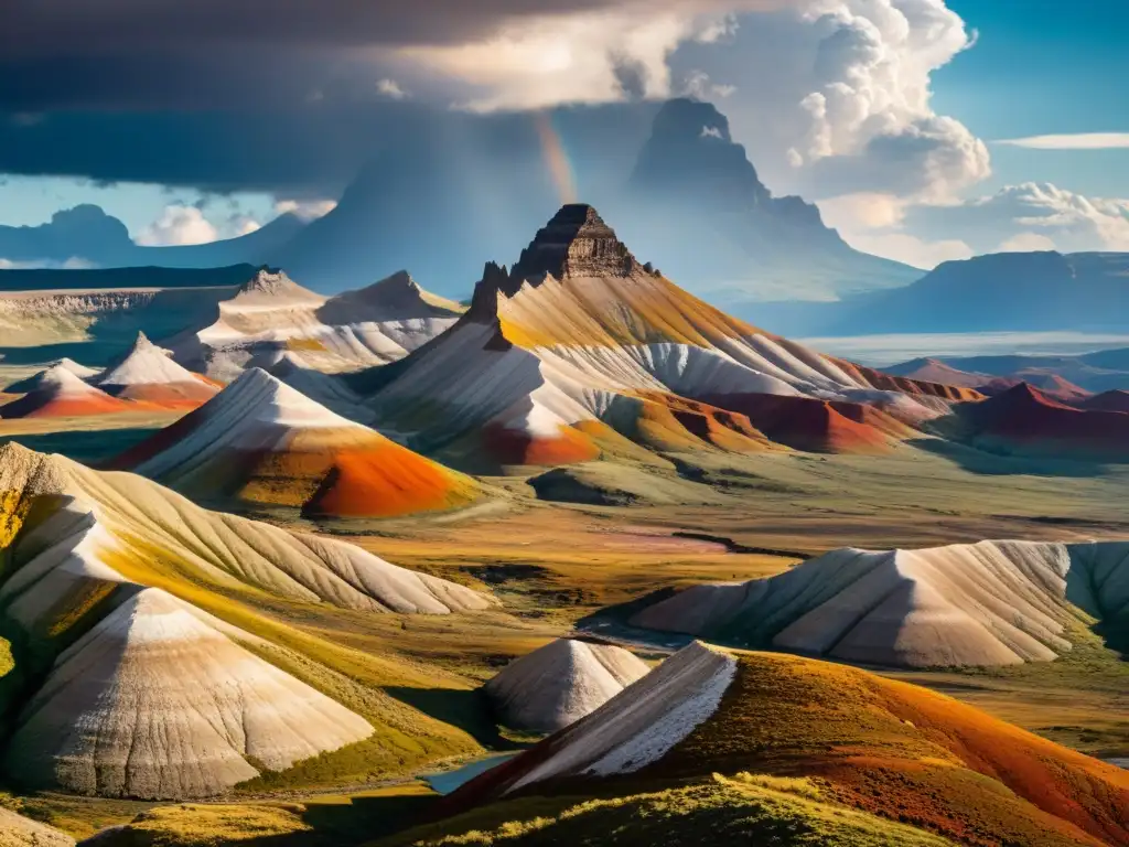 Un paisaje montañoso con formaciones rocosas y minerales en la literatura de aventuras, iluminado por el sol con nubes dramáticas