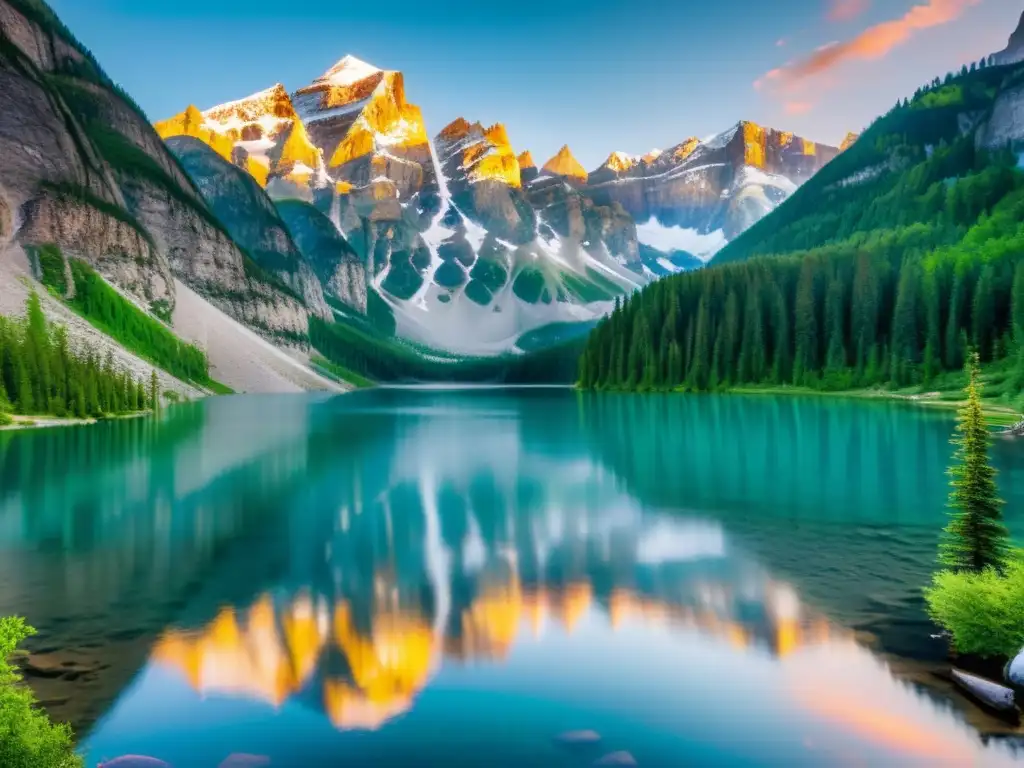 Un paisaje natural intocado con un lago cristalino, montañas nevadas y una exuberante vegetación