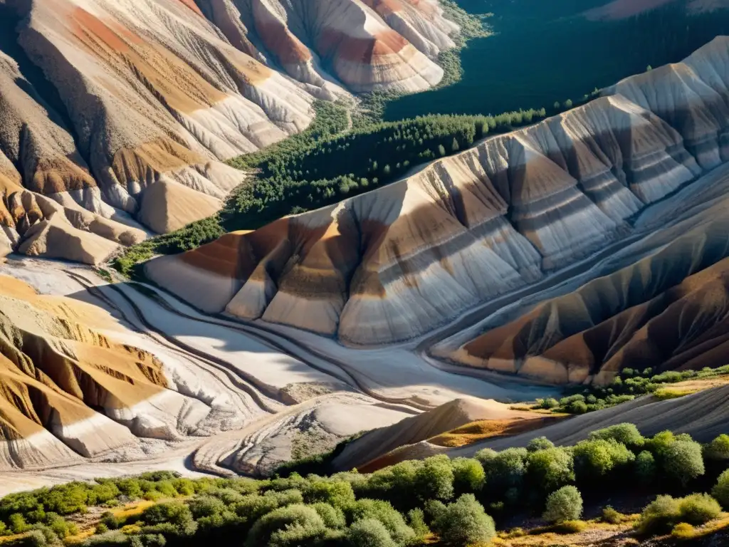 Un paisaje rocoso con depósitos minerales, muestra la complejidad y belleza de la formación de minerales y el impacto de los ciclos geoquímicos