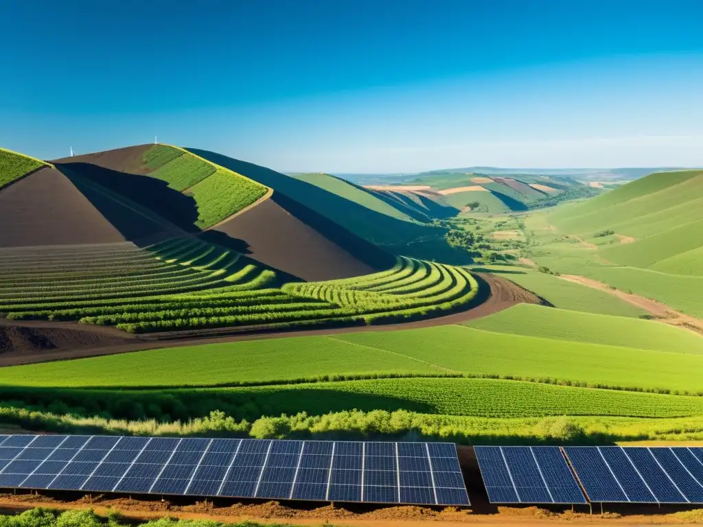 Un paisaje verde exuberante con paneles solares brillando en el primer plano y una mina de carbón inactiva al fondo