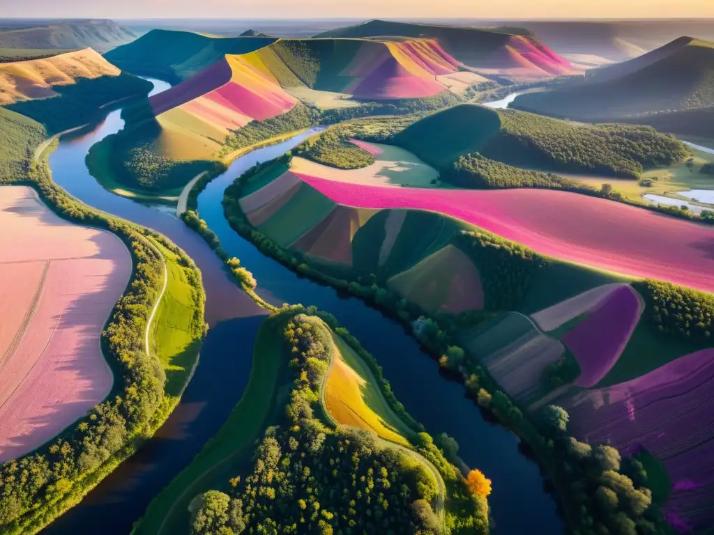 Paisaje verde con río, atardecer dorado y minería responsable