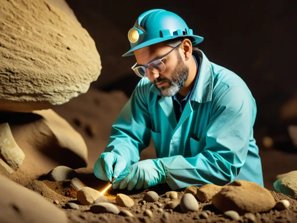 Un paleontólogo extrae con precisión un fósil de una roca en una imagen documental de alta resolución