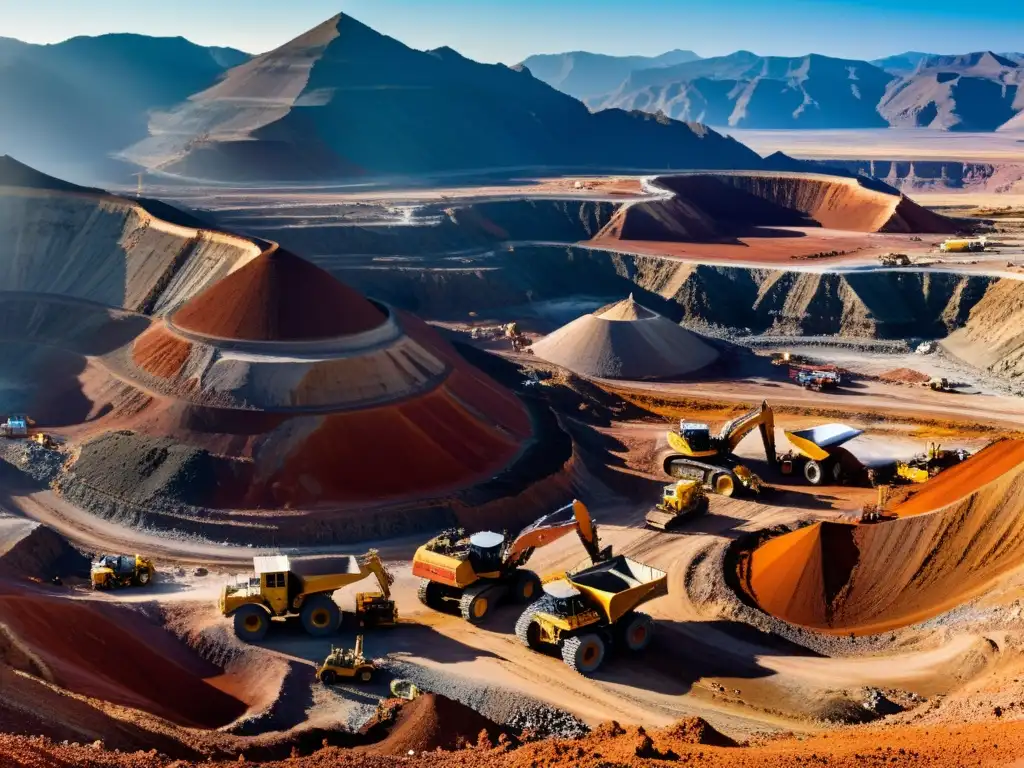 Panorama montañoso con maquinaria minera y conflictos territoriales por recursos minerales