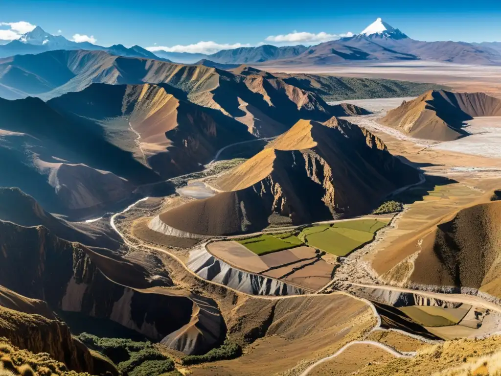 Panorámica de la competitiva industria minera del estaño en Bolivia, con los mineros trabajando en una mina de estaño en medio de los imponentes Andes