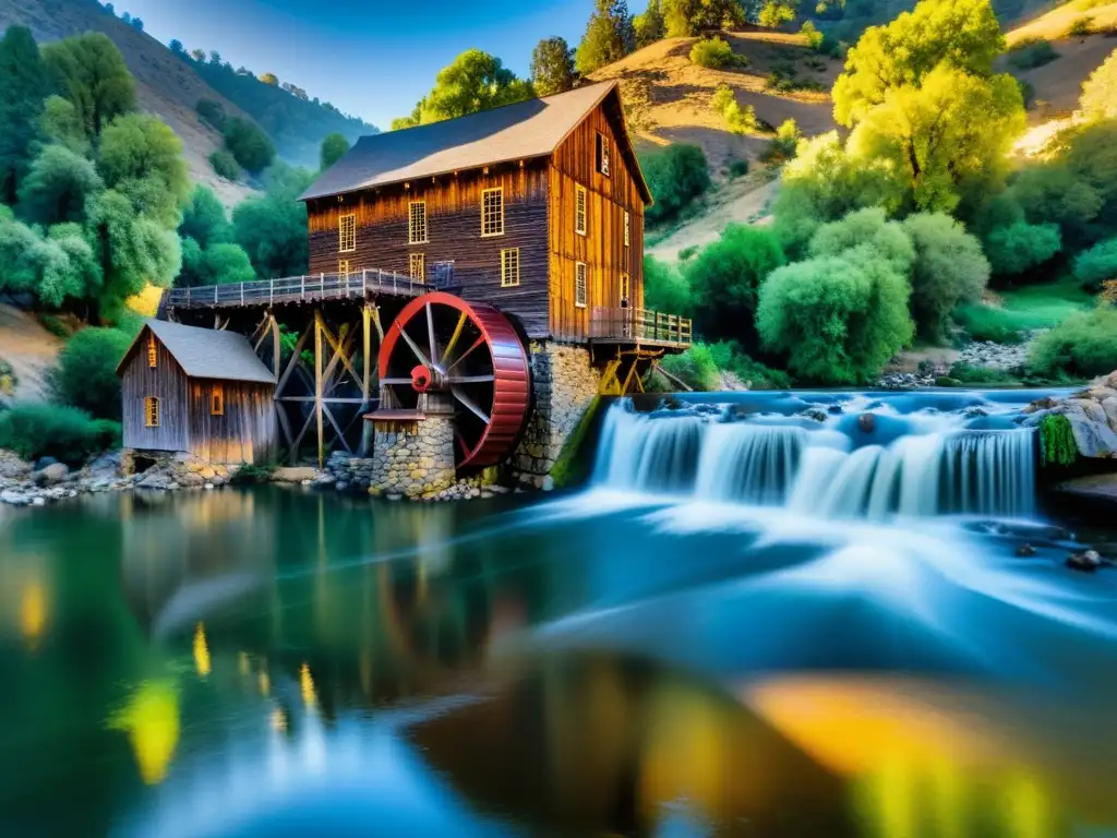 Panorámica de Sutter's Mill en Coloma, California, con impacto histórico y belleza natural al atardecer