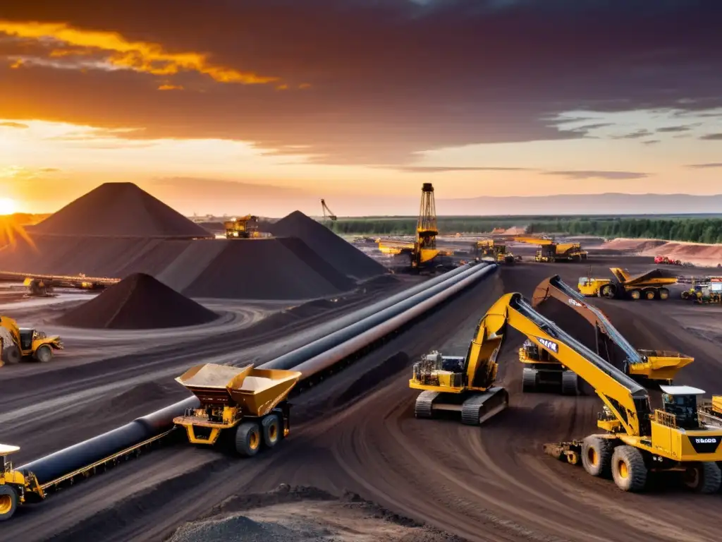 Panorámica de una mina al atardecer, maquinaria pesada y trabajadores en actividad, destacando aspectos legales de concesión minera