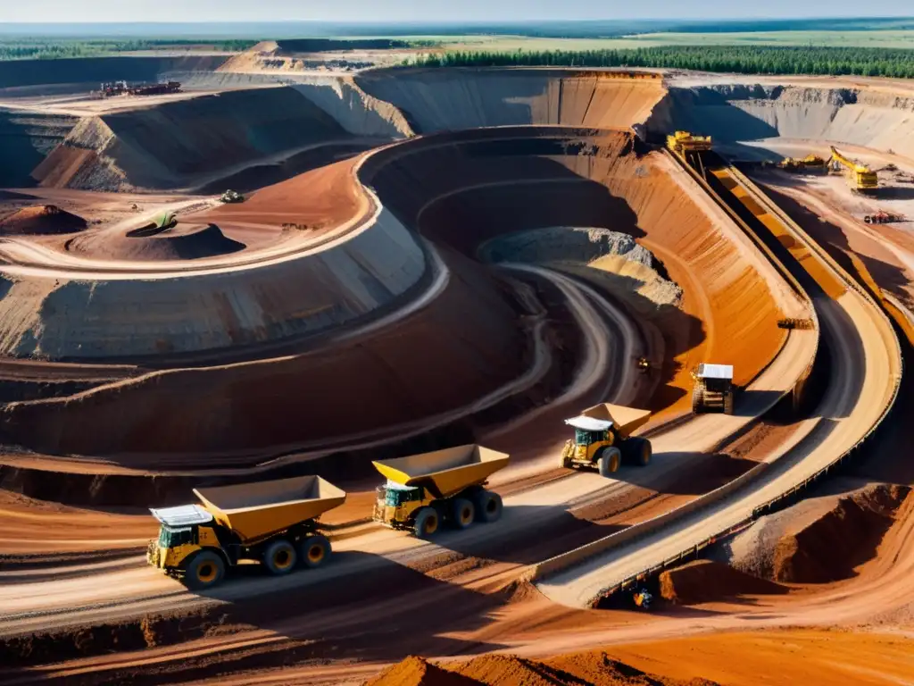 Panorámica de una mina a cielo abierto en plena actividad, con maquinaria gigante y procesos y logística en la industria mineral