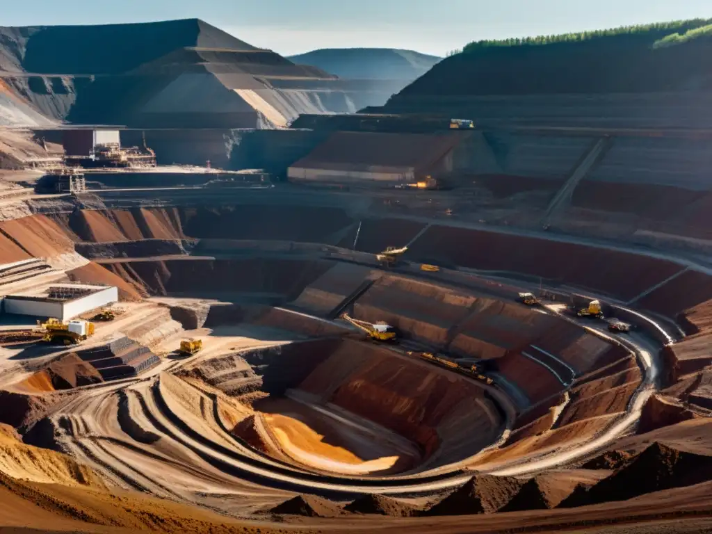 Panorámica de una mina a cielo abierto rodeada de montañas, mostrando el impacto histórico de los minerales en la tierra y la sociedad