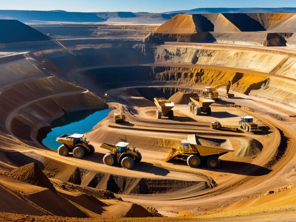 Panorámica de mina de oro a cielo abierto con maquinaria gigante y trabajadores