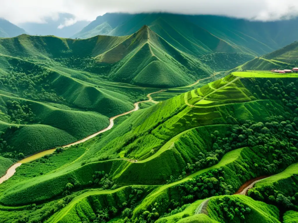 Una panorámica de las minas esmeraldas de Chivor, Colombia, muestra el terreno montañoso verde y las majestuosas montañas andinas envueltas en neblina