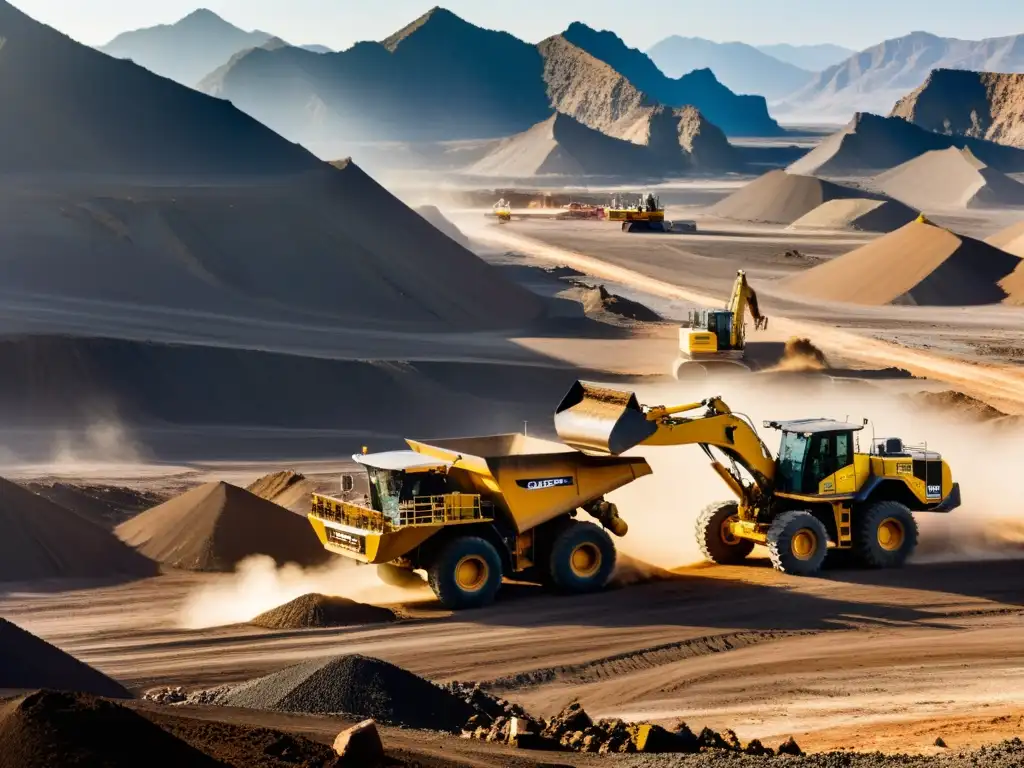 Panorámica de la minería sostenible, con maquinaria pesada, montañas imponentes y esfuerzos de restauración ambiental