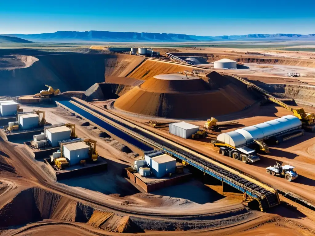 Panorámica de una moderna operación minera, mostrando la extracción y procesamiento de minerales con maquinaria pesada y paisaje árido