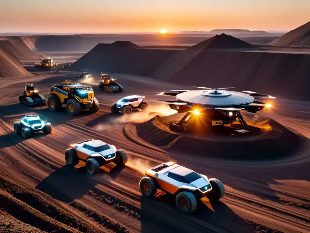 Panorámica de un sitio minero futurista con vehículos autónomos y tecnologías emergentes en minería, iluminado por el amanecer