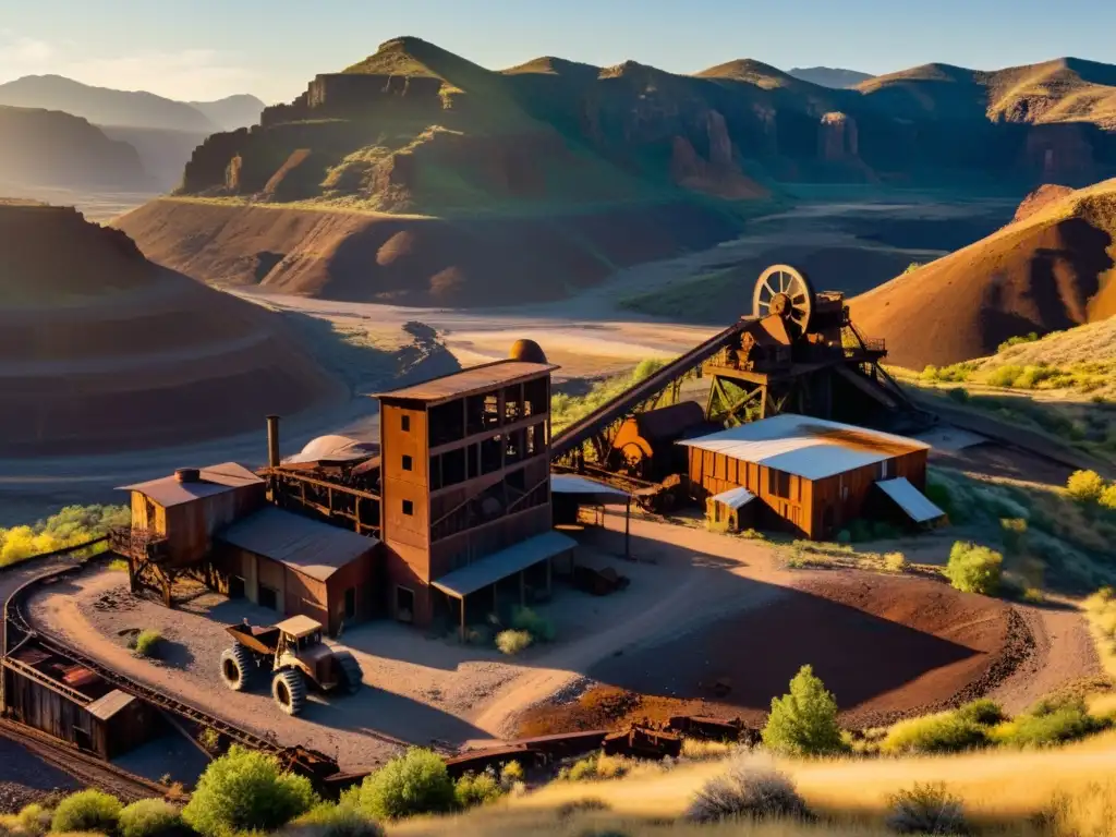 Panorámica de un sitio minero histórico, donde la maquinaria industrial oxidada se yuxtapone con el paisaje natural