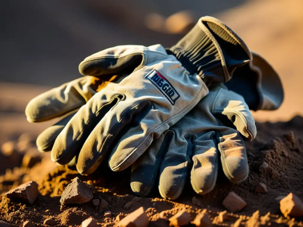 Un par de guantes de trabajo resistentes para minería, desgastados y cubiertos de suciedad, descansando sobre terreno rocoso y áspero