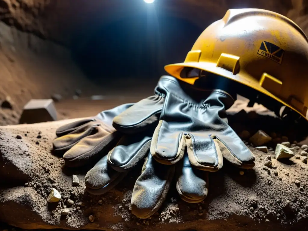 Un par de guantes de trabajo resistentes para minería cubiertos de suciedad y desgaste por el uso pesado, descansando junto a herramientas mineras en un túnel subterráneo