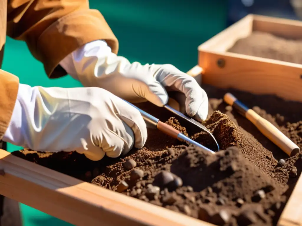 Un par de manos enguantadas utilizan con cuidado equipo de excavación manual para coleccionistas para descubrir una joya mineral en la tierra