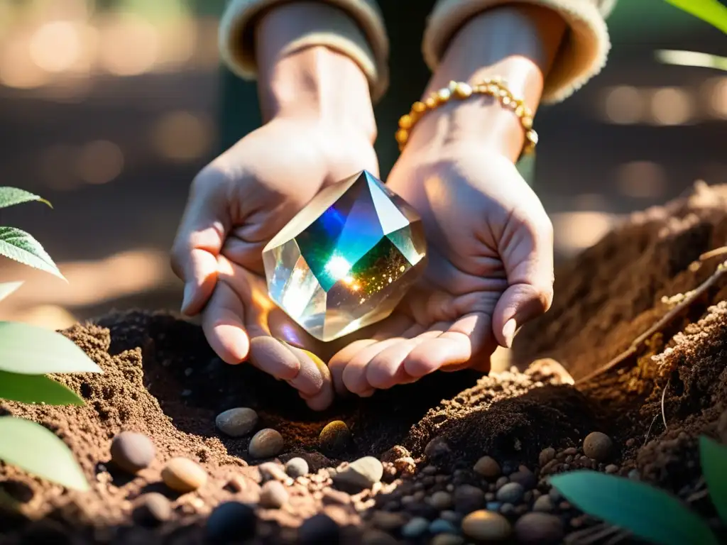 Un par de manos hábiles extraen con delicadeza un resplandeciente cristal de la tierra, envueltas en tonos terrosos y luz filtrada