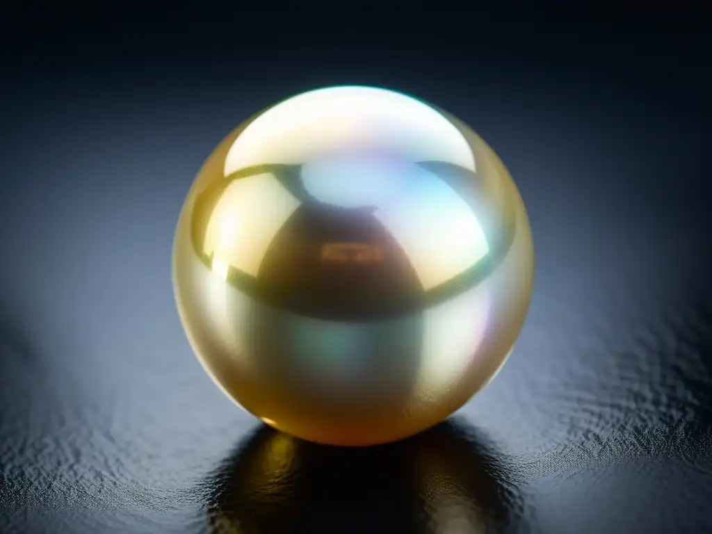 Esfera de perla del Mar del Sur: belleza lujosa y atemporal Una perla de lujo perfectamente redonda brilla en la luz natural, mostrando su textura orgánica