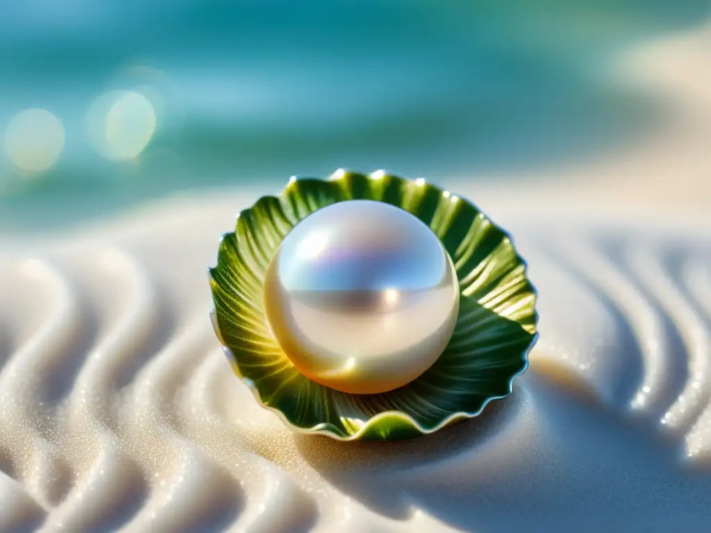 Esfera perfecta: Detalles iridiscentes de la perla del mar del sur Una perla del Mar del Sur descansa sobre arena blanca brillante, con reflejos de luz solar