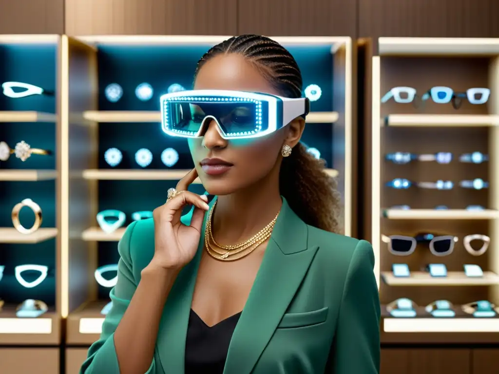 Persona probando joyería con gafas de realidad aumentada en tienda futurista