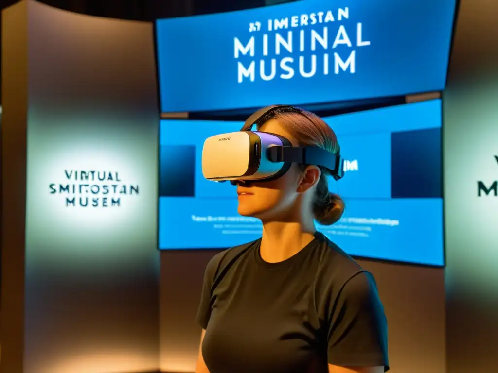 Persona maravillada usando auriculares de realidad virtual con el recorrido virtual del Museo Smithsonian Minerales en pantalla