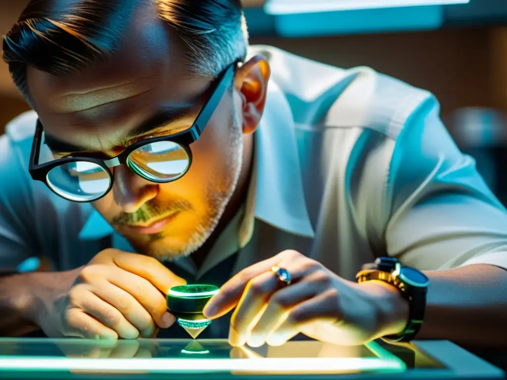 Persona examinando detalladamente una piedra preciosa en laboratorio de gemología, destacando la precisión del curso online gemología acreditado