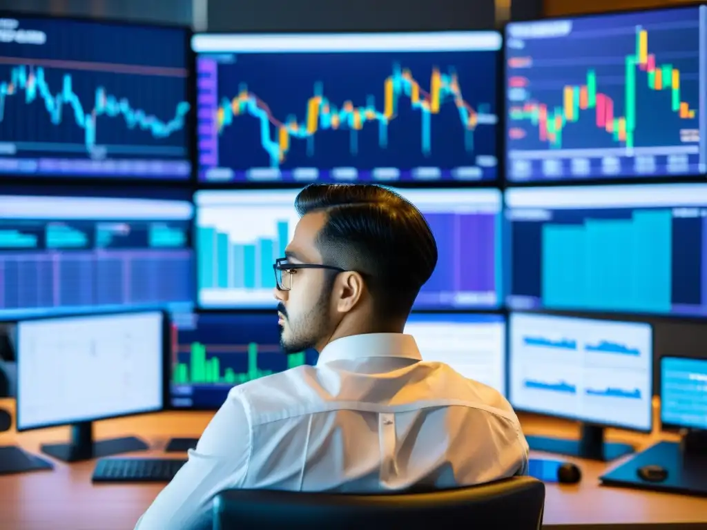 Análisis profundo de NFTs y criptomonedas Persona profesional analizando comparativa gemas raras criptomonedas NFTs con concentración y seriedad frente a pantallas y gráficos financieros