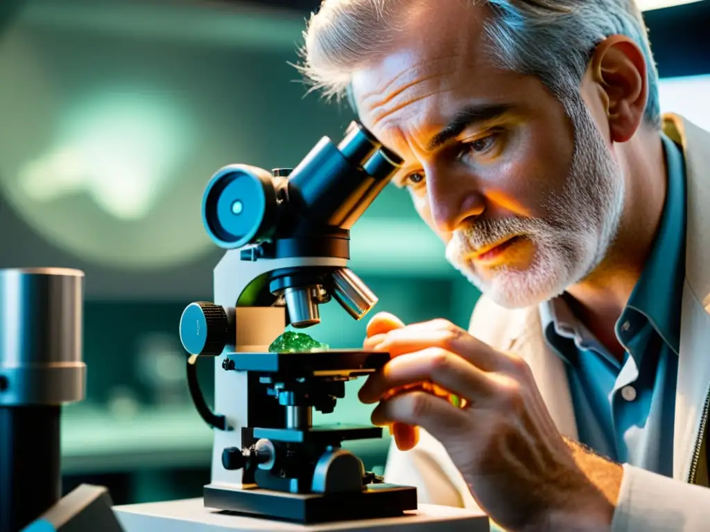 Un geólogo examina detenidamente una piedra preciosa bajo un microscopio, destacando la importancia de los conocimientos en gemología y geología