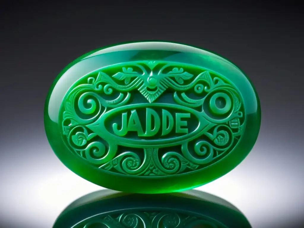 Una piedra de jade verde esculpida con símbolos mesoamericanos, reflejando su impacto histórico en las civilizaciones