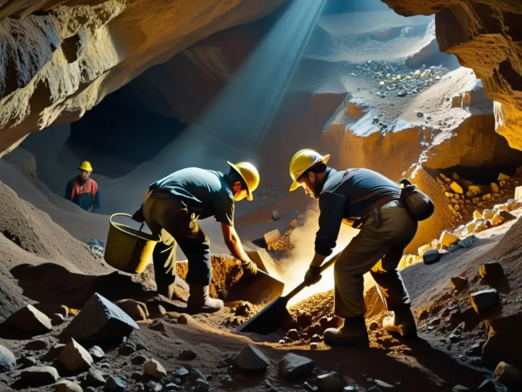 Pintura clásica detallada de mineros extrayendo minerales en la tierra, resaltando la influencia de minerales en el arte y la historia