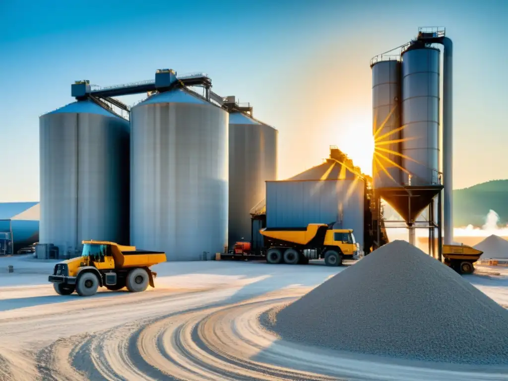 Planta industrial de cemento con silos, cintas transportadoras y trabajadores