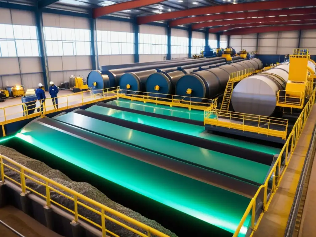 Una planta de procesamiento de minerales moderna, iluminada y llena de tecnología avanzada para la valoración y comercialización de minerales