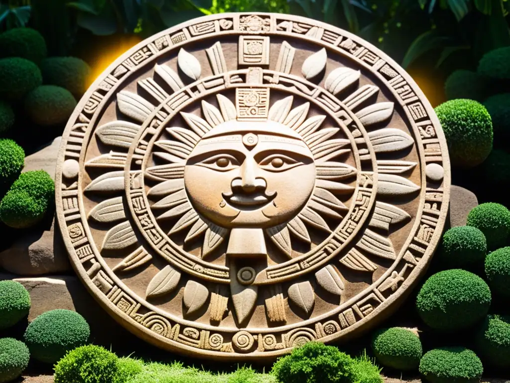 Una poderosa Piedra del Sol energía vital, tallada con símbolos y calendario azteca, iluminada por el sol entre exuberante vegetación