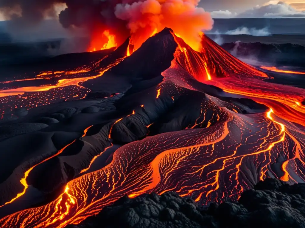 El poderoso flujo de lava de una erupción volcánica, con intensos colores rojizos y naranjas, y la formación de minerales en la tierra