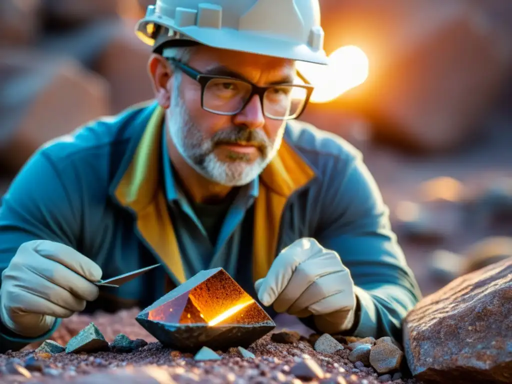 Un geólogo examina con precisión una muestra de mineral bajo una luz brillante, resaltando sus detallados patrones naturales