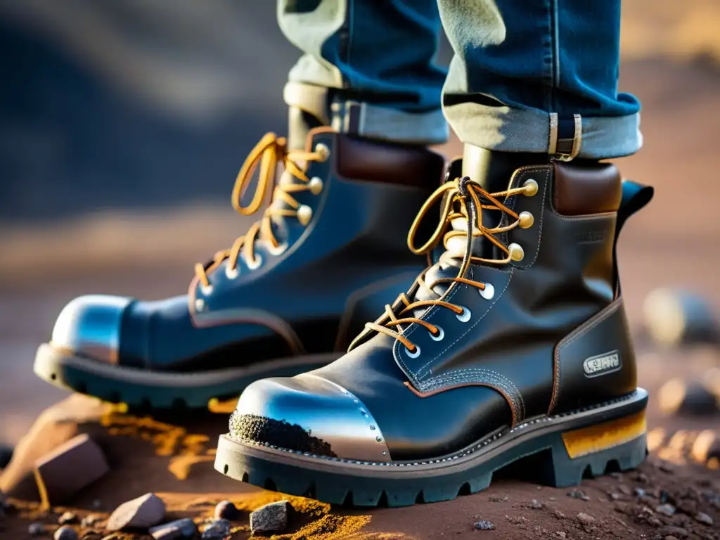 Un primer plano de unas resistentes botas de minería de gemas cubiertas de polvo de piedras preciosas, con marcas visibles de uso pesado