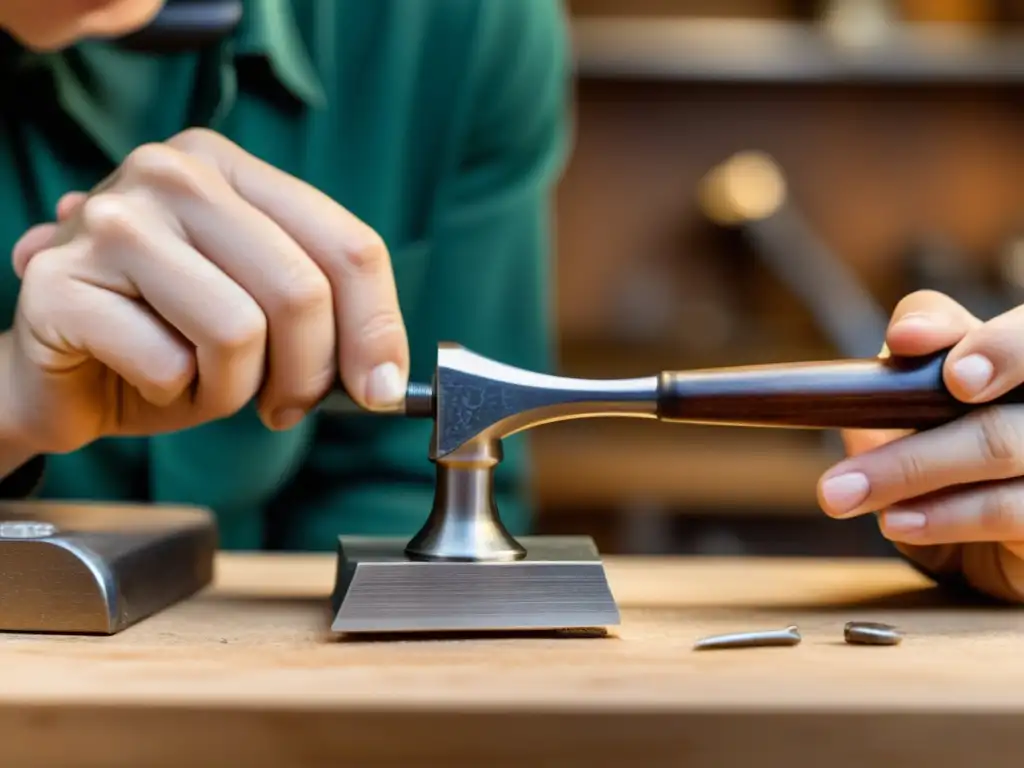 Una principiante joyera golpea cuidadosamente metal en un banco de trabajo, resaltando la artesanía de los martillos para joyería