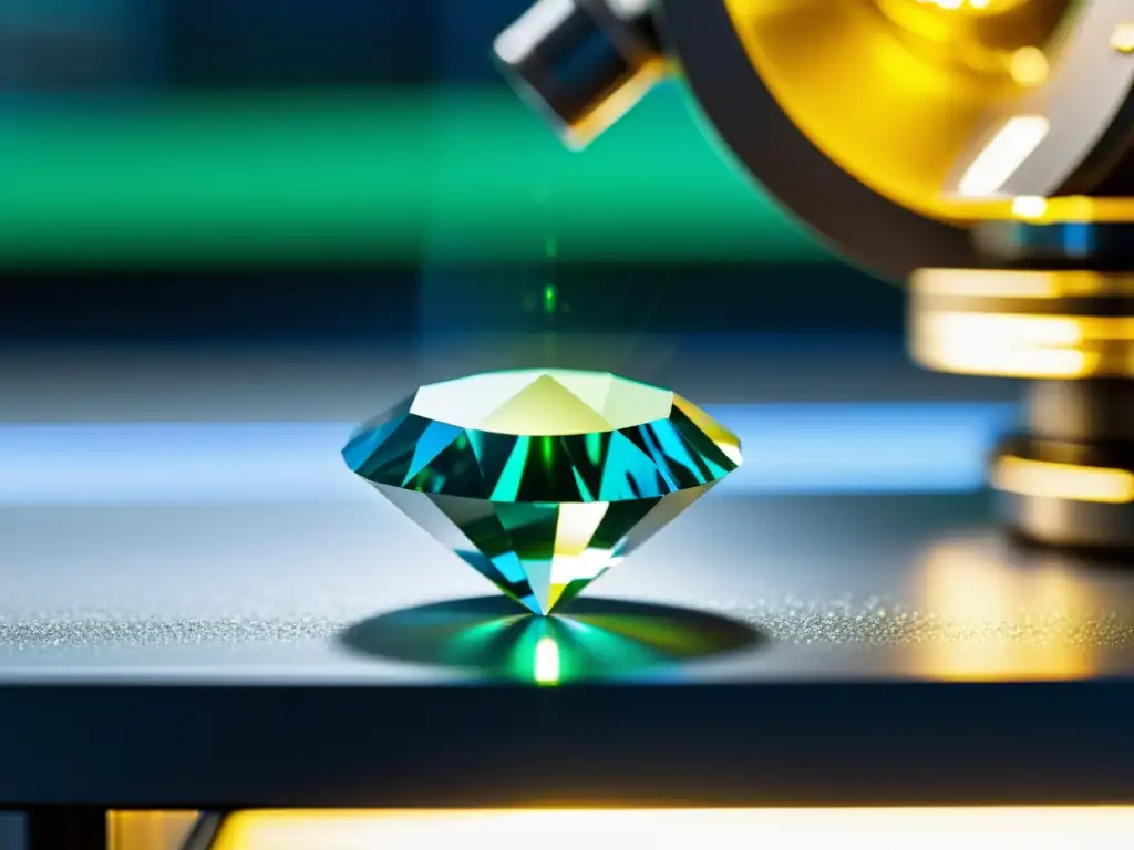 Proceso de creación de diamante sintético con inteligencia artificial en laboratorio, con tonos azules y verdes vibrantes