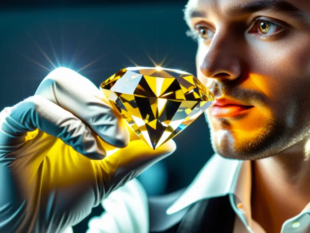 Profesional examina cuidadosamente deslumbrante diamante amarillo bajo la luz, iluminando su belleza