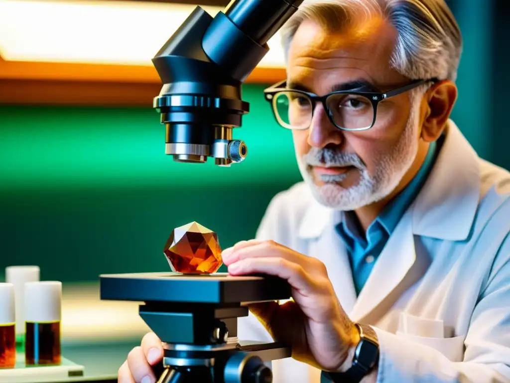 Profesional examen de gemas bajo microscopio, destacando detalles y colores