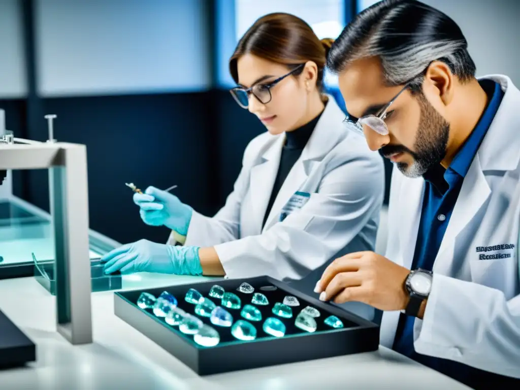 Profesionales certificando gemas en un laboratorio bien iluminado