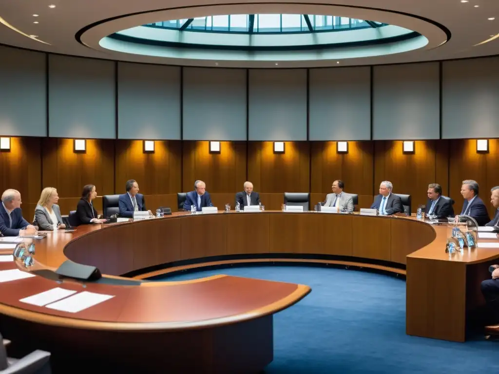 Profesionales en procedimientos de arbitraje en disputas mineras discuten intensamente en una elegante sala iluminada por luz natural