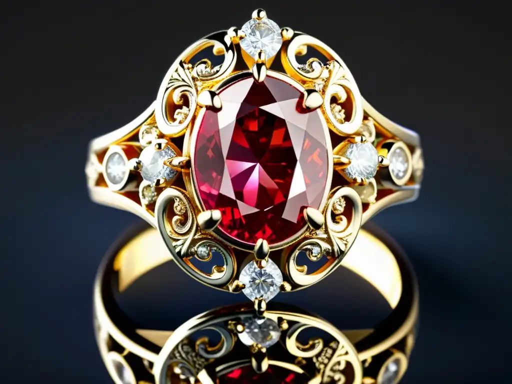 Anillo de oro vintage con rubí rojo intenso Un rubí profundo en un anillo de oro, refleja la luz en patrones hipnóticos